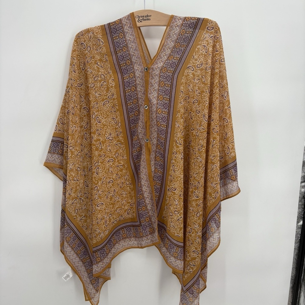 J.Jill Mixed Print Two Way Poncho Mustard Purple Print One Size Excellent #27D